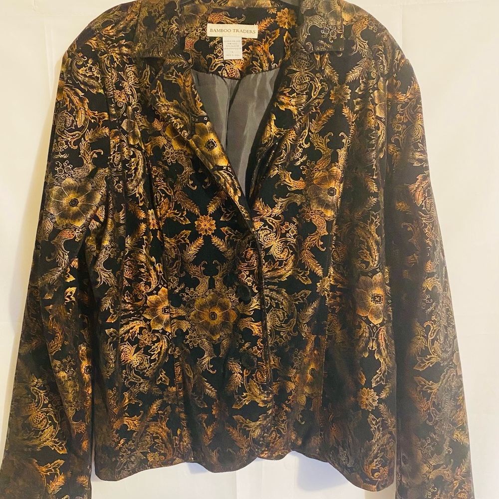 Bamboo Traders Black and Gold Women’s Floral Blazer Button Up Size M